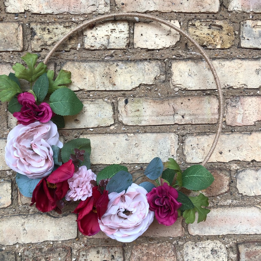 Burgundy Blush Abstract Floral Flower Bouquet Twine Tweed Hoop Wreath